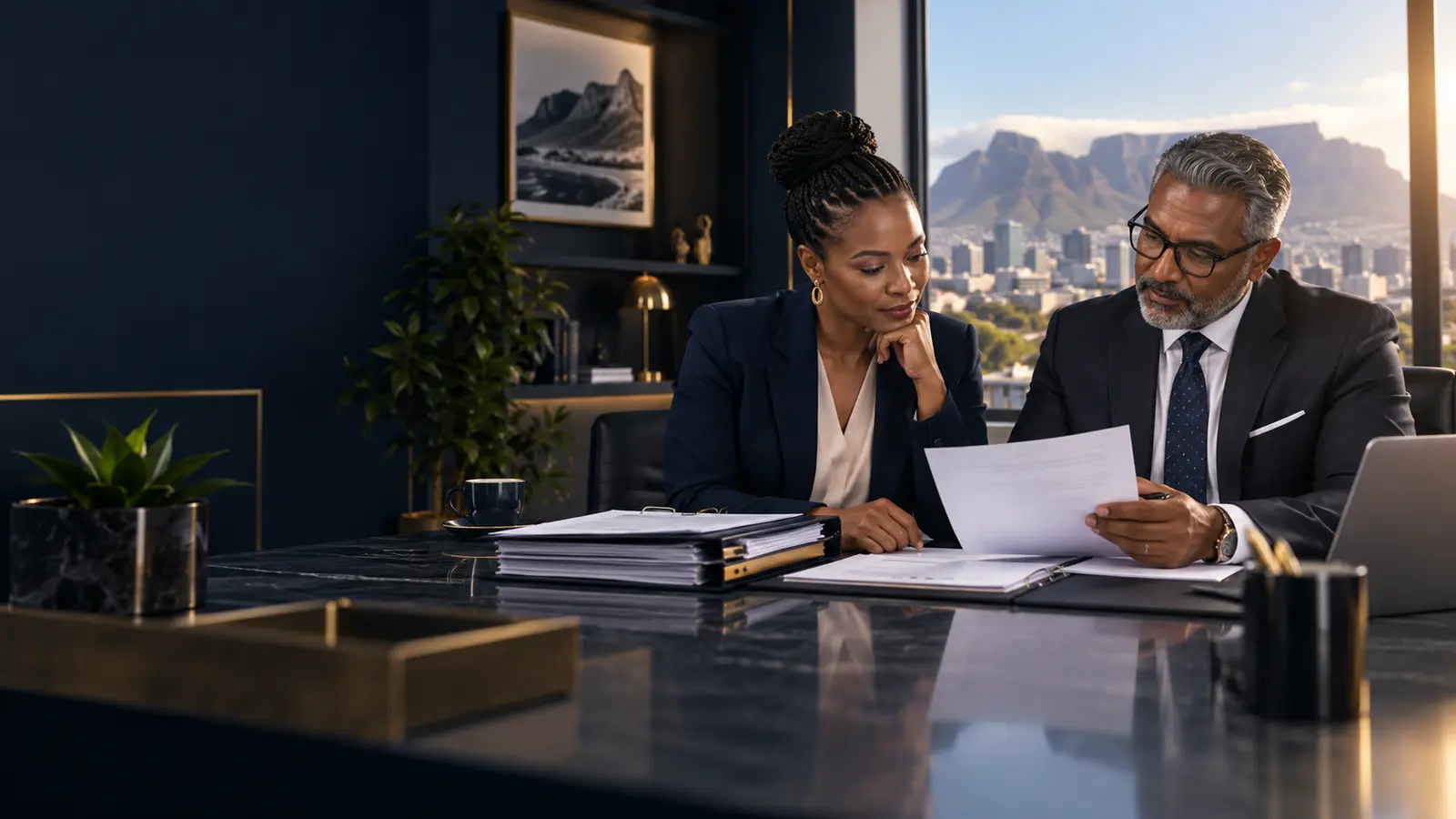 A South African business owner and tax adviser reviewing a SARS assessment and supporting evidence before selecting a dispute remedy.