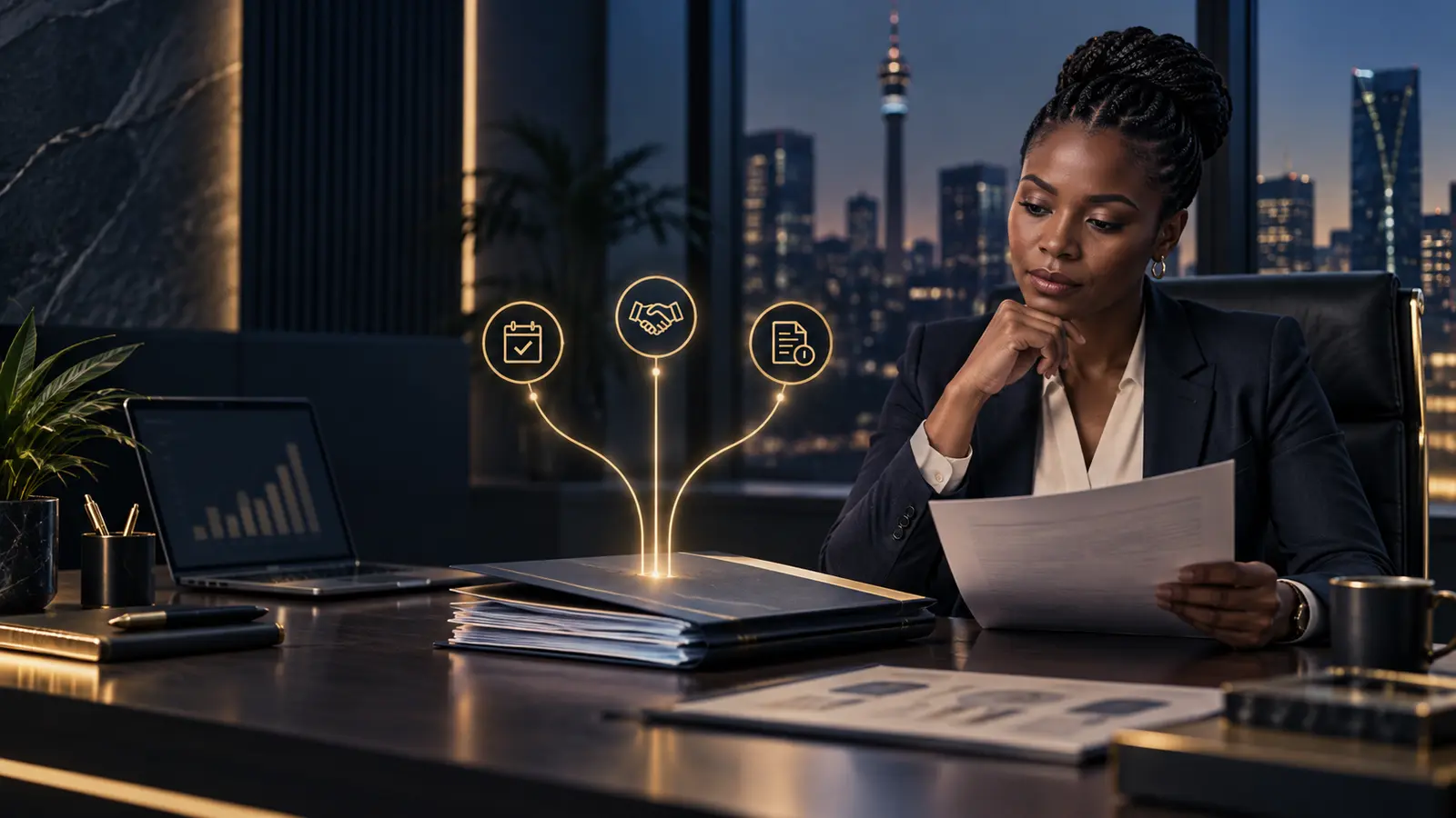 A South African business leader reviews a SARS tax-debt response plan with three structured relief pathways.